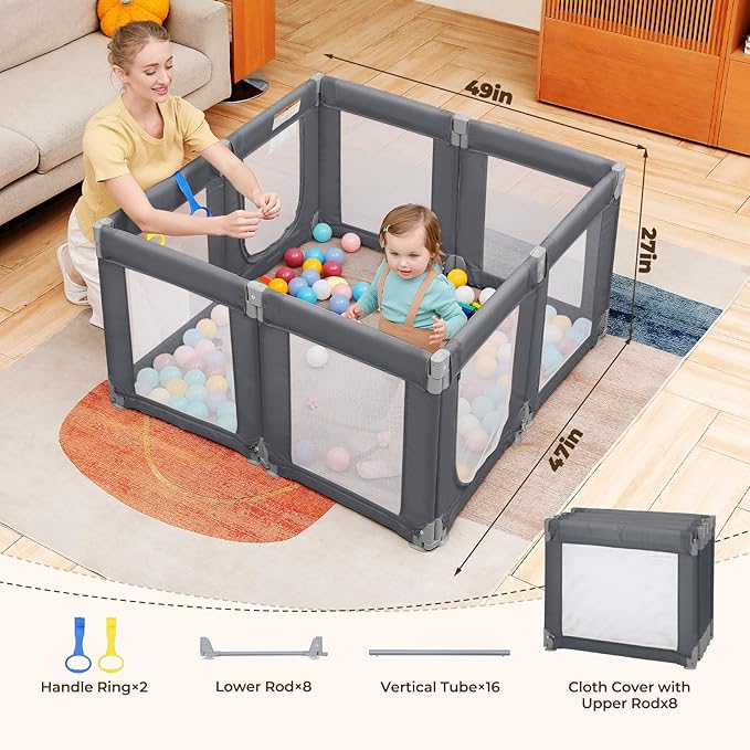 Dripex Small Foldable Baby Playpen, 49"x47" Small Space Play Yard for Travel - Portable Collapsible Play Pen for Babies, Indoor Outdoor Baby Fence, Grey