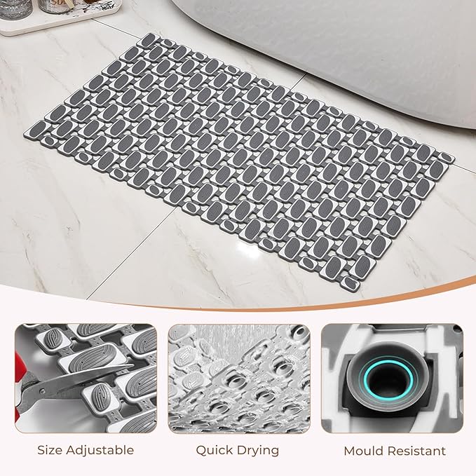 PuoWeo Bathtub Mats Non Slip for Bathroom with Suction Cups and Drain Holes 27.6 * 15.7 Inch Shower Mat for Inside Shower, Quick Dry Bath Mat for Baby Kids Seniors, Easy to Cut Easy Dry