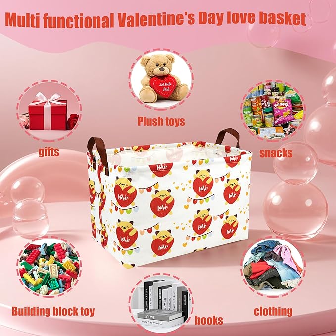 ASKETAM Valentine's Day Basket Gift for Empty Cute Heart Large Storage Bin for Kid and Baby Room Décor (Cat Love)