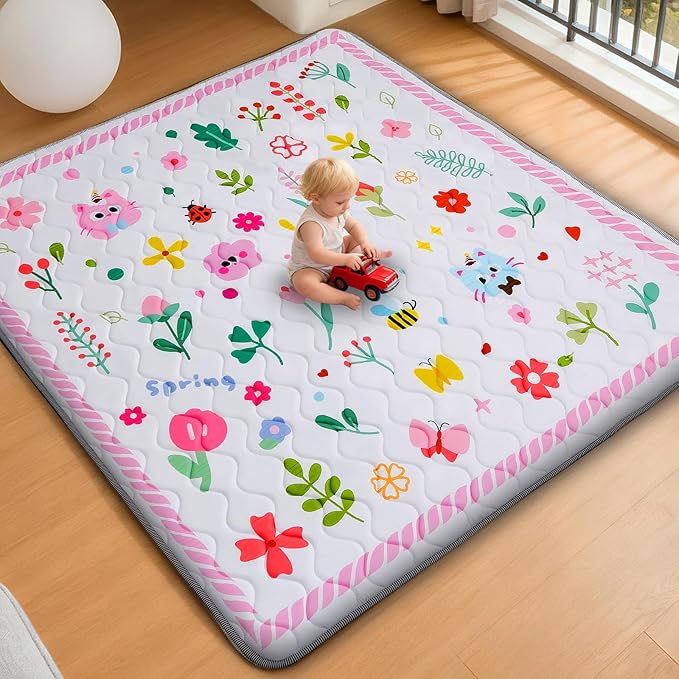 Baby Play Mat for Floor, 71'' x 59'' Thicken Foam Soft Padded Mat for Baby, Playpen Mat for Toddlers Infant Kids, Machine Washable, Non-Slip Bottom Safe for Crawling (Flower)