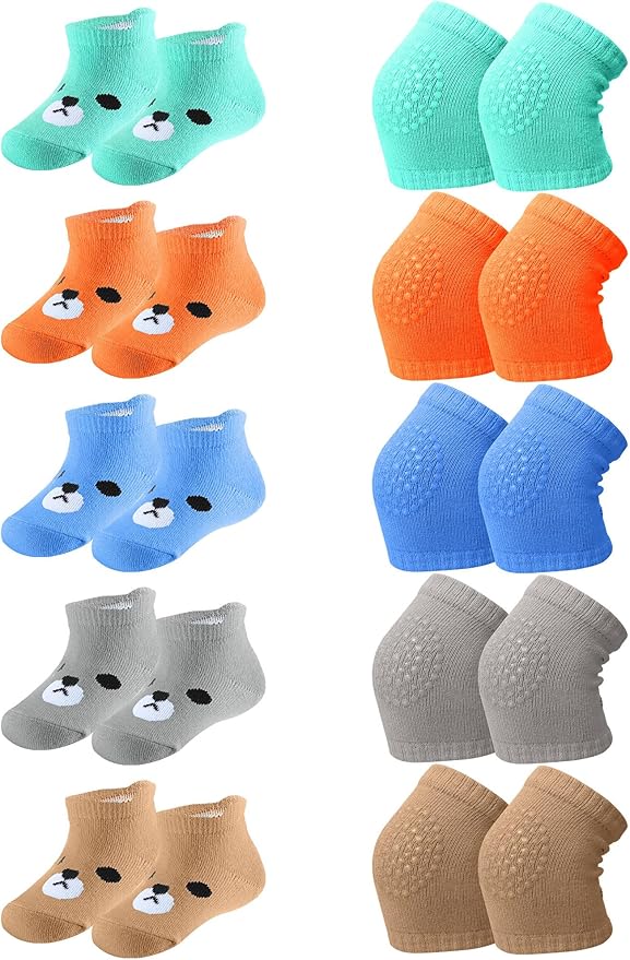 10 Pairs Baby Crawling Anti Slip Knee Pads and Anti Slip Baby Socks Set Unisex Toddler Knee Protectors Non Slip Ankle Socks