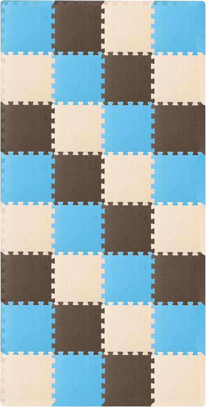 ProSource Baby Play Mat, Soft Foam Floor Tiles for Kids, Interlocking EVA Panels for Playpen Use, Crawling Development Surface, Safe Non-Toxic Toddler Flooring, 32 Tiles, Blue/Brown/Beige