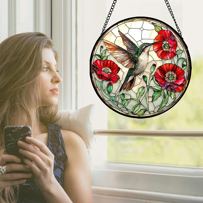 JOSUMALY Stained Glass Window Hanging - Green Hummingbird Red Flower Suncatcher for Door Terrace Garden Home Decor Bird Landscape Sun Catcher Birthday Gifts for Lovers Women Men Dad Mom Nana 9.8 in