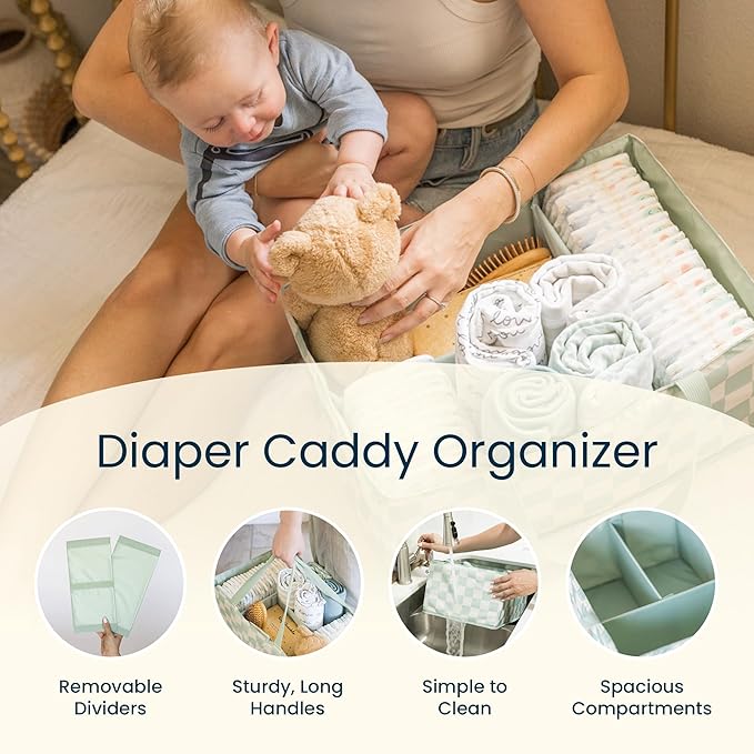 Tiny Twinkle Diaper Caddy Organizer | Foldable Baby Storage Basket with Removable Divider | Waterproof & Mess-Proof Fabric, Portable Nursery Organizer for Newborn Essentials (Black Checkers)