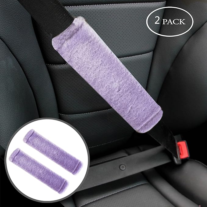 Amooca Soft Faux Fur Universal Fit Seatbelt Cover Car Truck SUV Airplane Seat Belt Shoulder Pad for Carmera Backpack Straps Neck Cushion Protector 2 Pack 10.5in Light Lavender