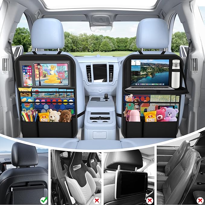 Oneyus Car Backseat Organizer with table Tray, 9 Storage Pockets Backseat Car Organizer with Tablet Holder, Back seat Organizer for Kids Road Trip Essentials Travel (1Pack)