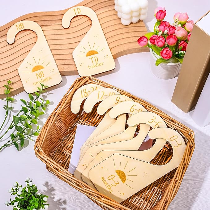 Whaline 8Pcs Baby Closet Size Dividers Wooden Baby Wardrobe Hanger Organizer Boho Sun Design Hanging Wooden Newborn to 24 Months for Home Nursery Baby Clothes Decor