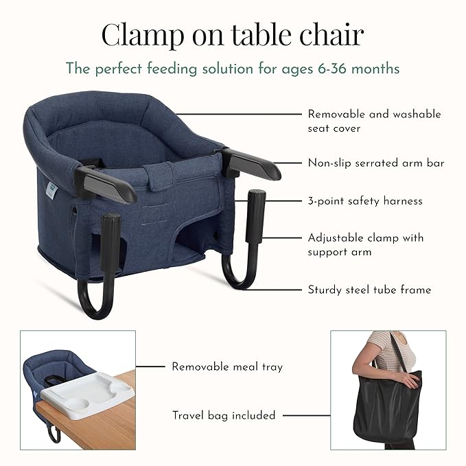 Evolur Clamp-On Comfort Table Chair, Portable Clip-On High Chair for Babies & Toddlers (6–36 Months), Removable Washable Seat Cover, Dishwasher-Safe Tray, Foldable Design with Carry Bag – Navy