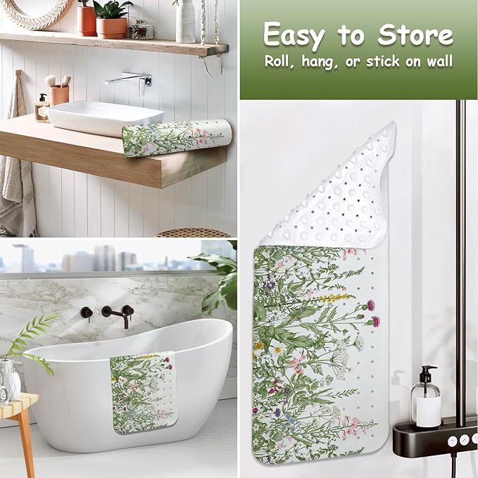 Non Slip Bathtub Mat, Flower Bath Mat for Tub, Extra Long Bathtub Mat Shower Mat with Suction Cups and Drain Holes for Elderly Kids Toddler Baby 40 X 16 Inch