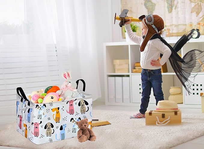 DUYIY Rectangle Gift Storage Basket Home Shelf Storage Basket Organizer Box Clothes Laundry Hamper Nursery Basket Laundry Basket with Handles (Dog)