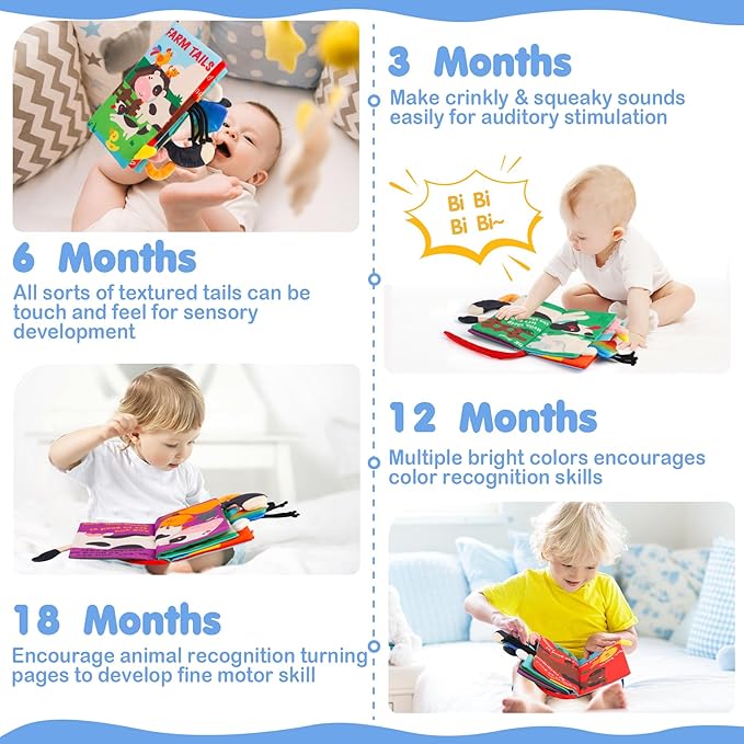 beiens Fabric Book for Baby, Baby Books 0 to 3 Years Touch, My Little Interactive Activity Book, Educational Toy for Children Gift Idea from Birth, Soft Crinkle Book with Animals
