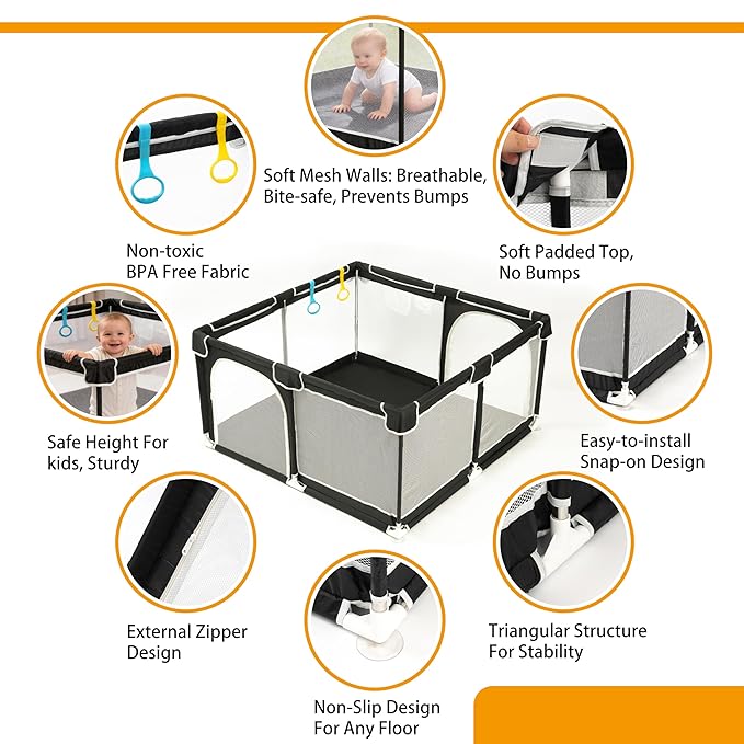 TOMBOSS 50x50 Baby Playpen, Portable Play Yard for Toddlers 1-3, Breathable Mesh Playard, Indoor & Outdoor Play Fence with Pull Rings, Sturdy Activity Pen