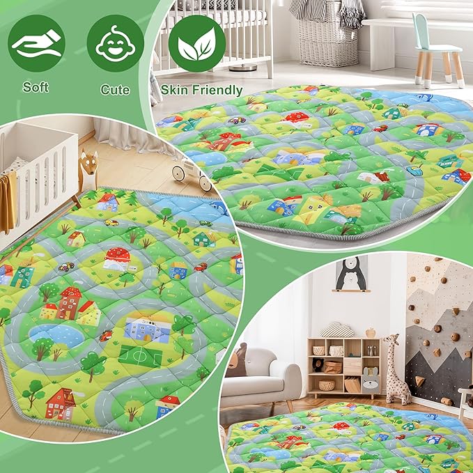 HOMBYS Hexagon Playpen Mat, 52x45 Thicken Soft Playpen Mat Fits Hexagon Portable Play Yard & Playpen, Washable Baby Play Mat Non-Slip Mat for Toddler Kids Crawling & Play, (Road & Car Pattern)