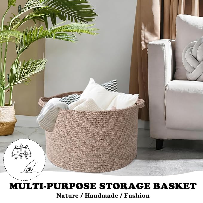 Large Storage Basket with Handle,23.6" x 23.6" x 15.7" Blanket Basket Storage Bins for Organizing,115L Cotton Rope Woven Baskets for Living Room, Nursery,Bedroom,Brown