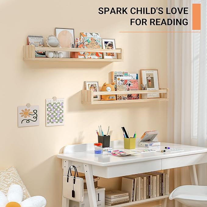 Heimlove 32 Inch Nursery Floating Shelves, Solid Wood Nursery Book Shelves for Wall, Mounted Bookshelf for Toddler Room, Baby Room, Wall Shelves for Books,Toys and Decor Storage, Set of 2