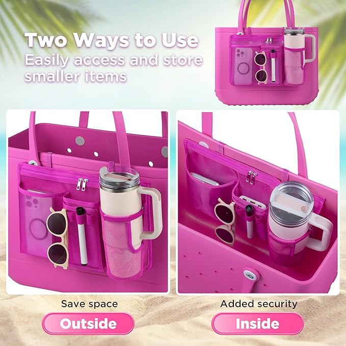 OUTXE Organizer Holder for Bogg Simple Modern Bag Accessories, Cup Phone Holder compatible with Stanley, Storage Mesh Divider Organizing Insert Pouch for XL Bog Beach Rubber Tote, Hot Pink