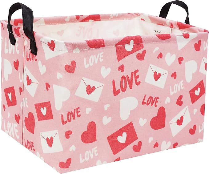 TIBAOLOVER Rectangular Pink Basket Heart Basket Baby Girls Basket Valentines Gift Basket Cute Kids Toy Storage Bin Organizer Shelf Book Basket Love Room Decor(Valentines Basket)
