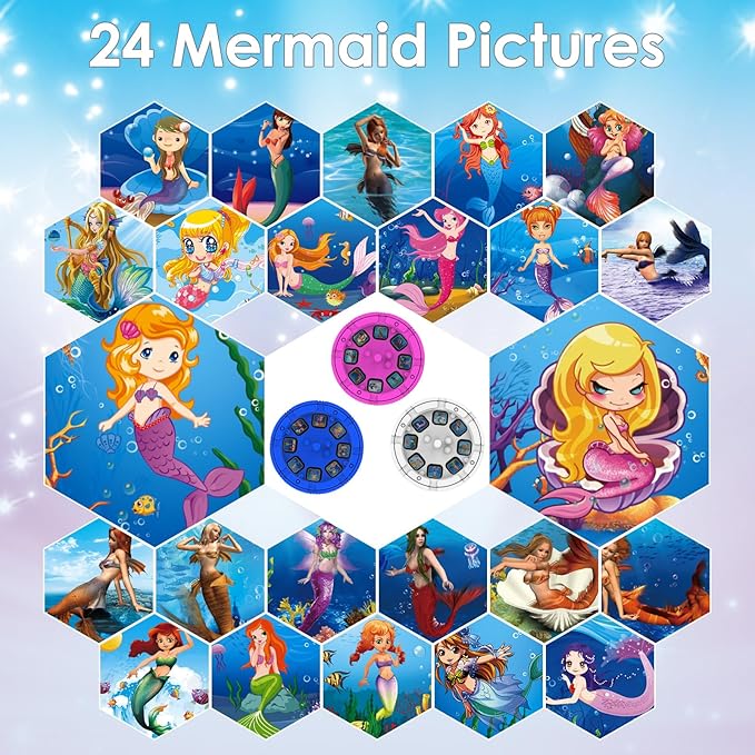 Pup Go Mermaid Projector Flashlight for Kids Ages 3+, Ideas Christmas Stocking Stuffers Gifts for Girls, Pink Fairy Little Mermaid Toys, 3 Discs 24 Images, Kid Night Light Projector