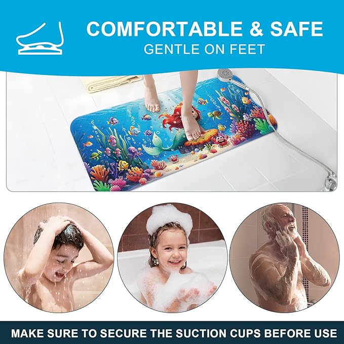 XIYUNTE Baby Bath Mat for Tub Non Slip Kids Bath Mat - 40''x16'' Extra Long Cartoon Bathtub Mat Non Slip Kids Shower Mat Eco-Friendly Toddler Bath Mats with Suction Cups, Machine Washable, Mermaid