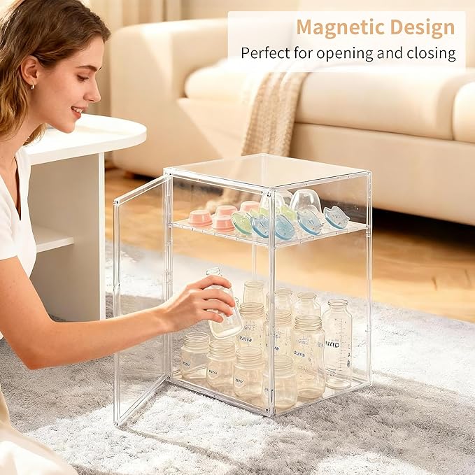 Lifelongpal Baby Bottle Storage Organizer for Countertop Cabinet, 2 Tiers Nursery Clear Acrylic Bottles Station Organizers Container with Removable Dividers and Magnetic Door