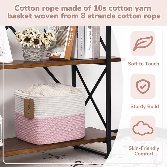 Goodpick Woven Storage Basket, 13" x 10" x 9" Storage Baskets for Organizing, Rope Gift Basket with Handles, Baby Baskets Kids Toy Organizer for Living Room, Pink