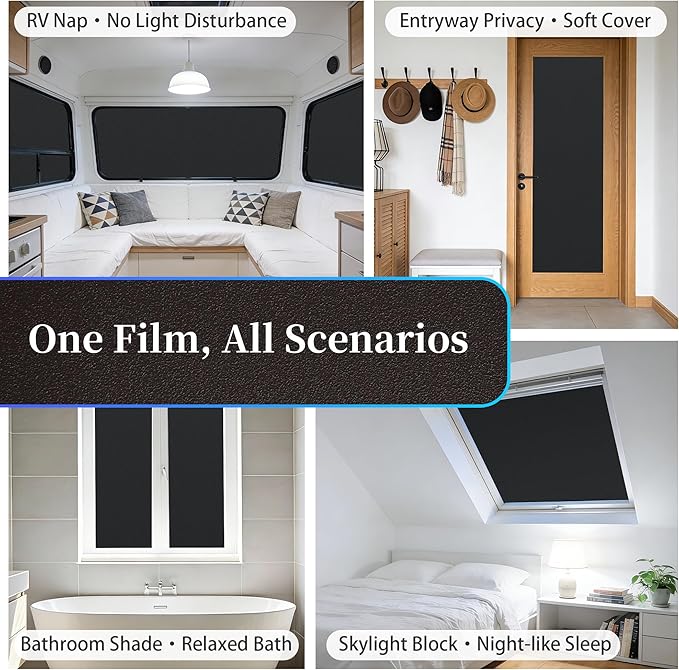 Finnez Blackout Window Privacy Film 100% Light Blocking UV Protection, Removable Static Cling Non-Adhesive Frosted Window Tint for Home Nursery Office Rental Elderly Pet Family