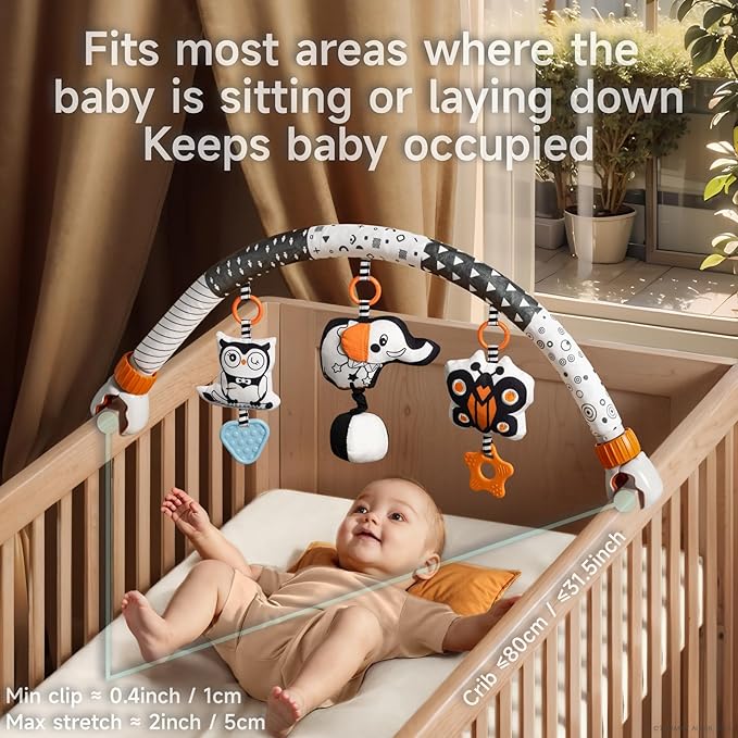 TUMAMA Car Seat Toys for Babies 0-6 Months, Stroller Toys for Infant 0-6 Months, Newborn Sensory Hanging Rattle Arch Toy with Butterfly Elephant Owls,Musical Toy for Baby 6-12 Months