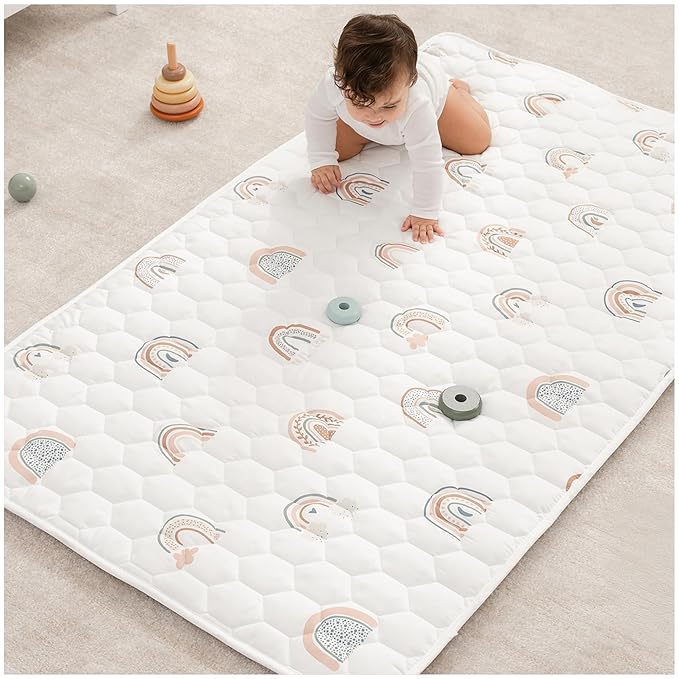 Comfy Cubs Rectangle Kids Play Mat - Small 36 x 60 inches Soft Quilted Baby Floor Mat with Non-Slip Bottom - Plush Design for Toddlers' Playtime - Comfortable and Durable - Rainbow