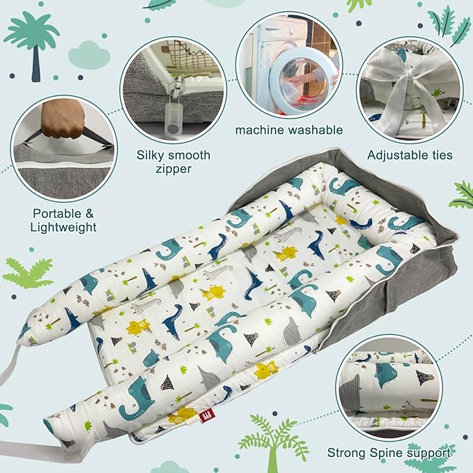 Baby Lounger, Foldable Portable Infant Lounger, Baby Nest Cover, Suitable for 0-24 Months Newborn Baby Lounger,Home Travel Dual-Purpose Baby Nest（Blue Dinosaur）