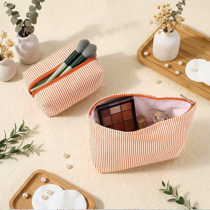 2 Pcs Makeup Bag Set Cute Cosmetic Pouch for Women Seersucker Travel Toiletry Bag Preppy Small Makeup Purse Pouch Aesthetic Skincare Brushes Storage Organizer for Valentine Women(Orange)