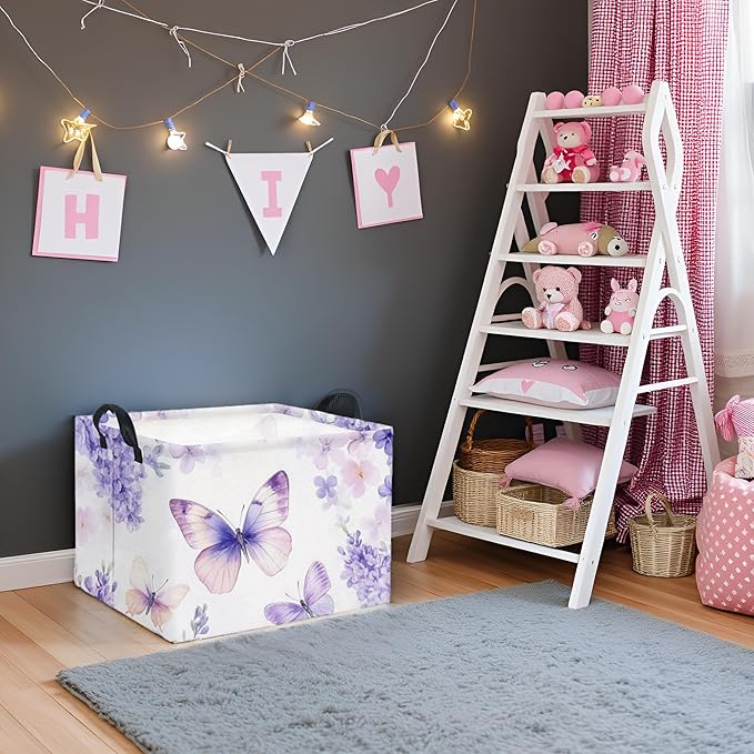 TIBAOLOVER Rectangular Kids Storage Basket Baby Storage Basket with Handles for Home Kitchen Boys and Girls Cute Toy Storage Bin Organizer Shelf Book Room Decor(Purple Butterfly)