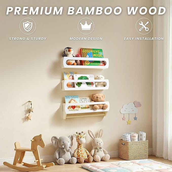 Homewisp Floating Shelves for Wall, Premium Bamboo Wood, Fully Assembled - Nursery Book Shelves, Nursery Decor, Book Shelf for Kids Rooms, Wall Mounted Bookshelves, Set of 3 White
