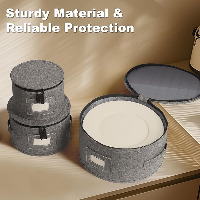 Kukikan China Storage Containers, 4PCS Hard Shell Dish Storage Containers with Felt Dividers for Charger Plates Dinnerware, Moving Boxes for Dishes, Stackable Plate Storage Cases for 12 Place Setting