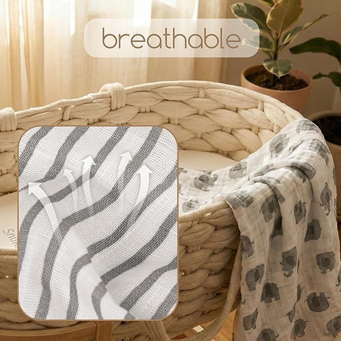Muslin Swaddle Blankets for Newborn, 4 Pack Cotton Baby Blankets, Large 31.5 x 43.3 inch Breathable Soft Receiving Blanket, Essentials Swaddle Wrap Burping Clothes, Grey Animals