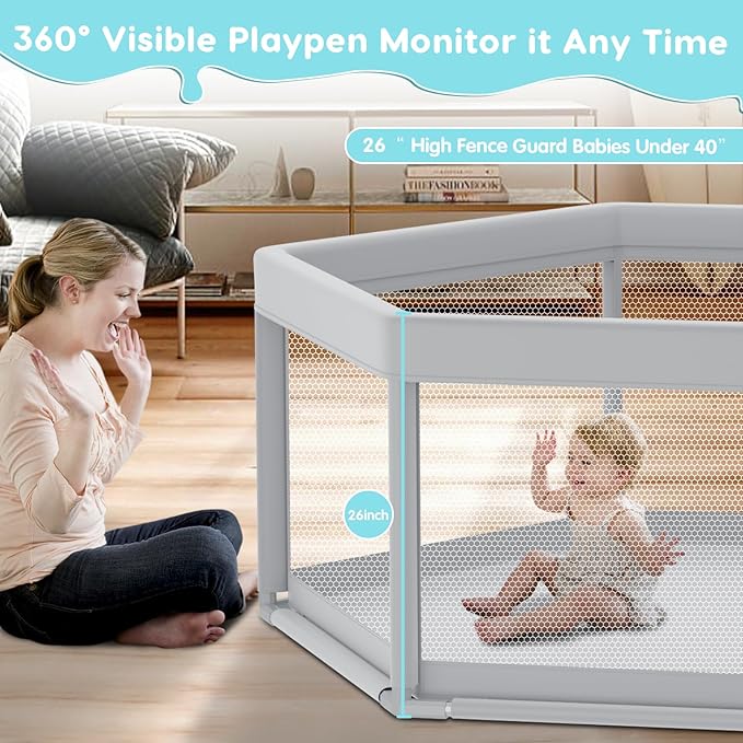 Fshibila 65" ×65" Hexagonal Baby Playpen, Baby Playard for Babies and Toddlers, BabyFence Play Pens for Indoor & Outdoor, Sturdy Safety Play Yard with Soft Breathable Mesh, Anti-Fall, Grey