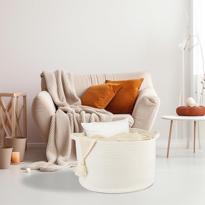 XUANGUO Large Cotton Rope Basket Blankets Basket Living Room 22"x14" Toy Basket for Kids and Dogs Rope Storage Basket for Nursery Woven Laundry Basket for Clothes Towels Baby Toy Storage round white