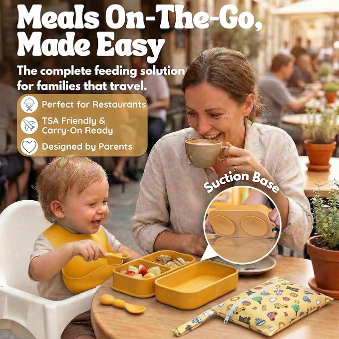 Baby Travel Essentials 6 Pc Silicone Feeding Set - Portable Toddler Plates with Suction, Baby Spoons & Foldable Bib in Carrying Case - BPA-Free Infant & Toddler Utensils for Airplanes & Eating Out