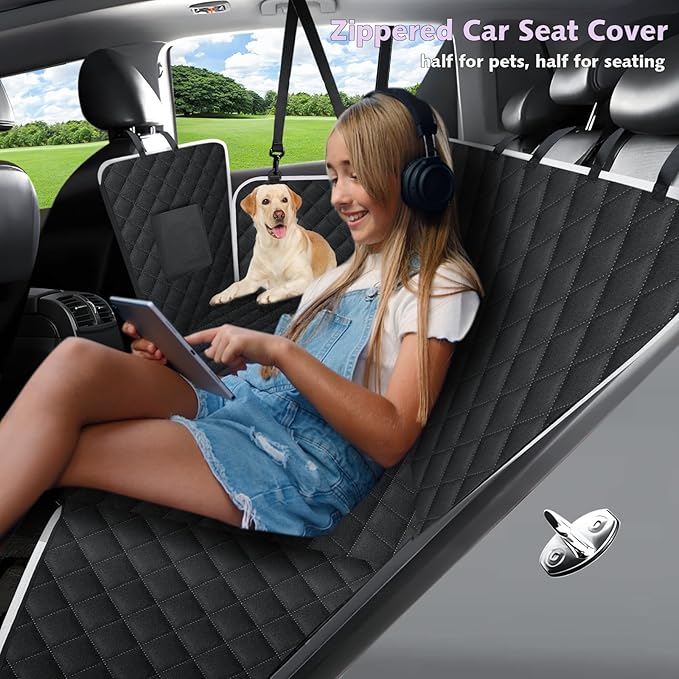 Meolsaek Car Seat Cover for Dogs, Non-Slip Rear Waterproof Car Bench Seat Cover for Back Seat, Dog Car Seat Cover for Trucks SUVs Most Cars (Black-Zipper)