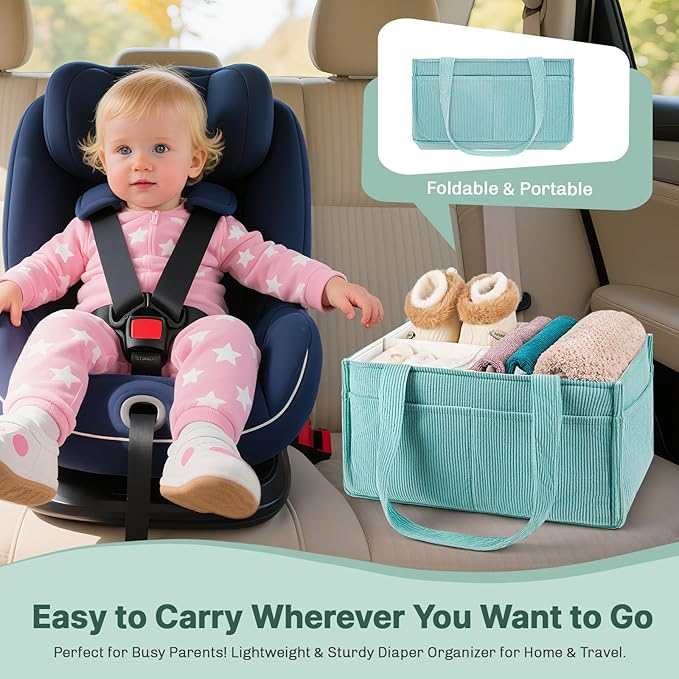 Baby Diaper Caddy Organizer - Portable Nursery Storage Basket for Newborn Essentials, Foldable Diaper Bag Organizer for Baby Shower Gifts and Registry Must-Haves, Car Organizer with Dividers (Blue)