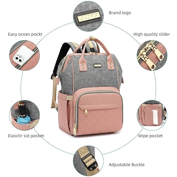 GAIVP Diaper Bag Backpack, Diaper Bags for Baby Girls Boys, Baby Bags for Moms Dads, Nappy Changing Bag with Insulated Pockets,Multi-functional Waterproof Backpack with Stroller straps-Pink