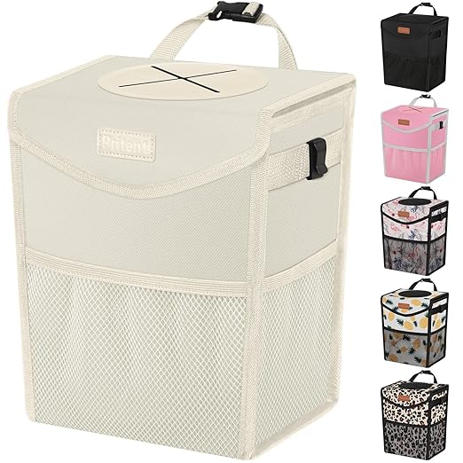 Car Trash Can with Lid, Cute Leakproof Car Trash Garbage Bag Hanging Vehicle Trash Bin Small Portable Automotive Garbage Cans Organizer for Back/Front Seat(Trapezoid,Ivory