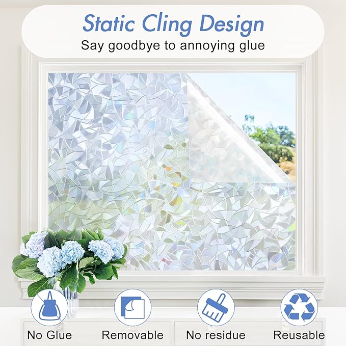 Haton Window Privacy Film, Stained Glass Rainbow Film Decorative Window Clings, Static Cling Sun Blocking Sticker, One Way Cover Tint for Home Heat Control, Non-Adhesive, Silver 23.6" x 78.7"