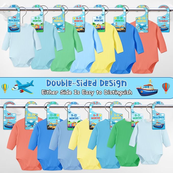 Baby Closet Dividers 8PCS, Transportation Themed Wooden Double-Sided Clothes Size Hanger/Organizer from Newborn to Toddler for Nursery Decor Baby Shower Birthday Gender Reveal Party Gift