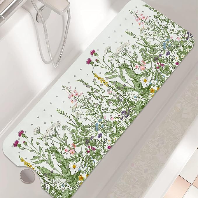 Non Slip Bathtub Mat, Flower Bath Mat for Tub, Extra Long Bathtub Mat Shower Mat with Suction Cups and Drain Holes for Elderly Kids Toddler Baby 40 X 16 Inch
