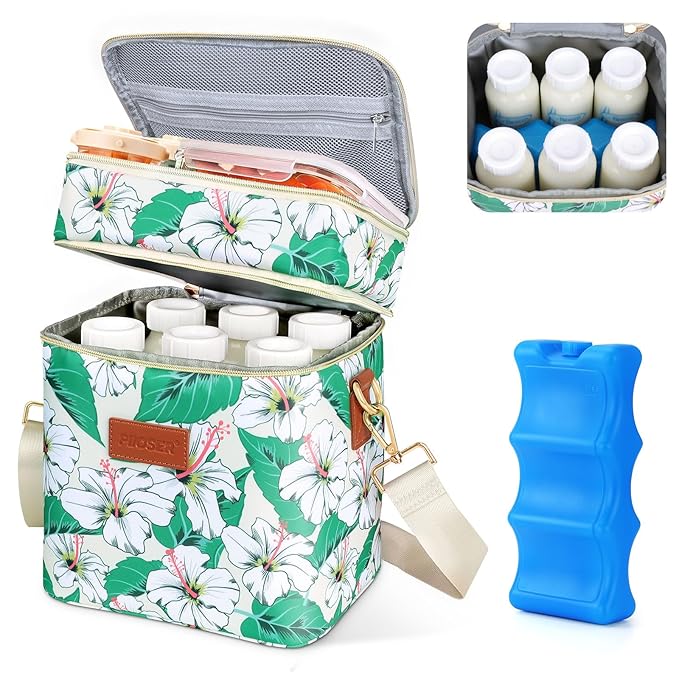 PIIOSER Breastmilk Cooler Bag with Ice Pack, Fits 6 Baby Bottles Up to 9 Oz, Stylish Baby Cooler Travel Bags with Shoulder Strap, Double Layer & Leakproof for Nursing & Working Moms Daycare, Floral