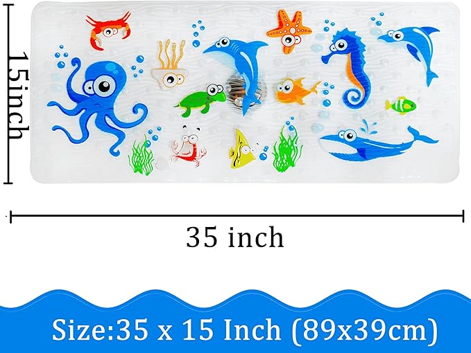 BEEHOMEE Bath Mats for Tub Kids,Baby Toddler - Large Cartoon Non-Slip Bathroom Bathtub Anti-Slip Shower Mats for Floor 35x15,Machine Washable XL Size Bathroom Mats (Blue-Octopus)