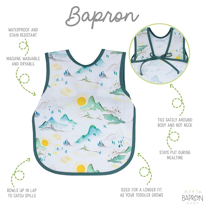 BapronBaby Mountain Mist Bapron - No Neck Tie Safer Bib for Baby & Toddler - Soft Waterproof Stain Resistant - Machine Washable - Sz Preschool 3-5yrs