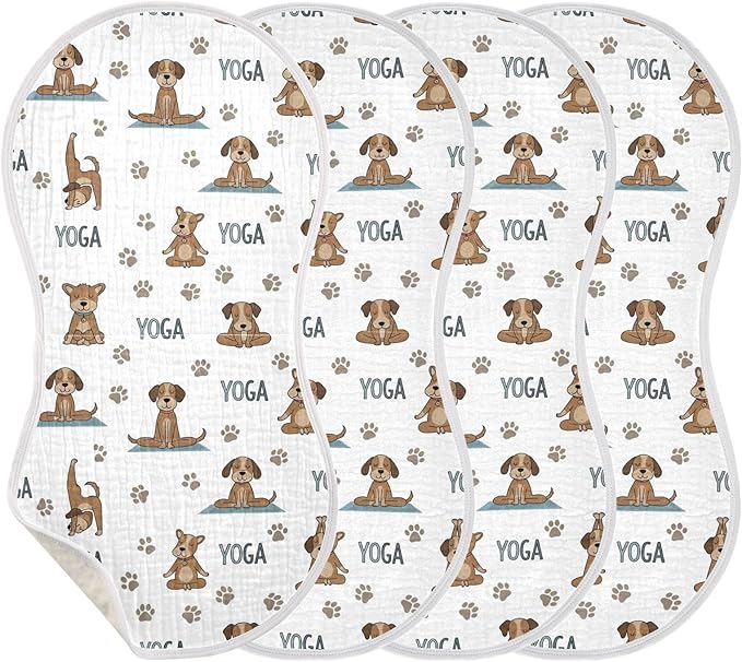 Qinllo 4 Pack Muslin Burp Cloths Dogs Yoga Cotton Baby Burp Cloths Extra Absorbent and Soft Thick Burping Cloth for Newborn Boys Girls 22x11 Inch