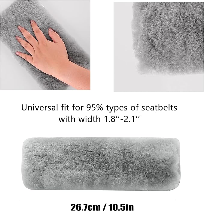Amooca Authentic Sheepskin Seatbelt Cover Real Wool Car Truck SUV Airplane Seat Belt Shoulder Pad for Carmera Backpack Straps Neck Cushion Protector 2 Pack Light Grey