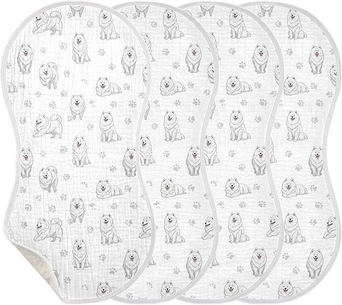 Qinllo 4 Pack Muslin Burp Cloths Samoyed Dogs White Cotton Baby Burp Cloths Soft Burping Cloth Absorbent Spit Up Rags for Newborn Baby Boys Girls 22x11 Inch